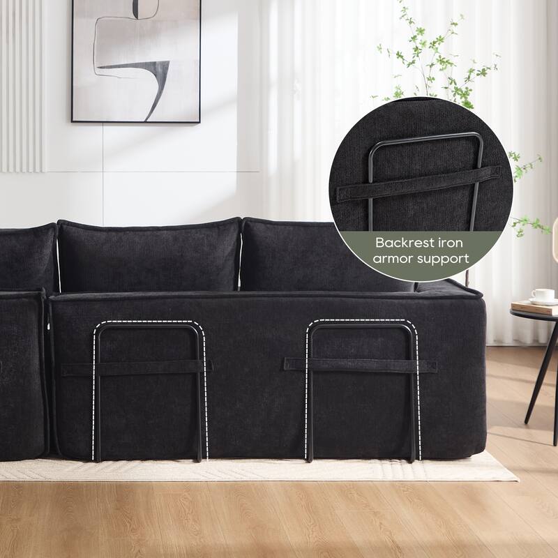 Modern Minimalist Modular Sectional Sofa, Upholstered Cloud Couch with Deep Seats, Right Facing Chaise - Black
