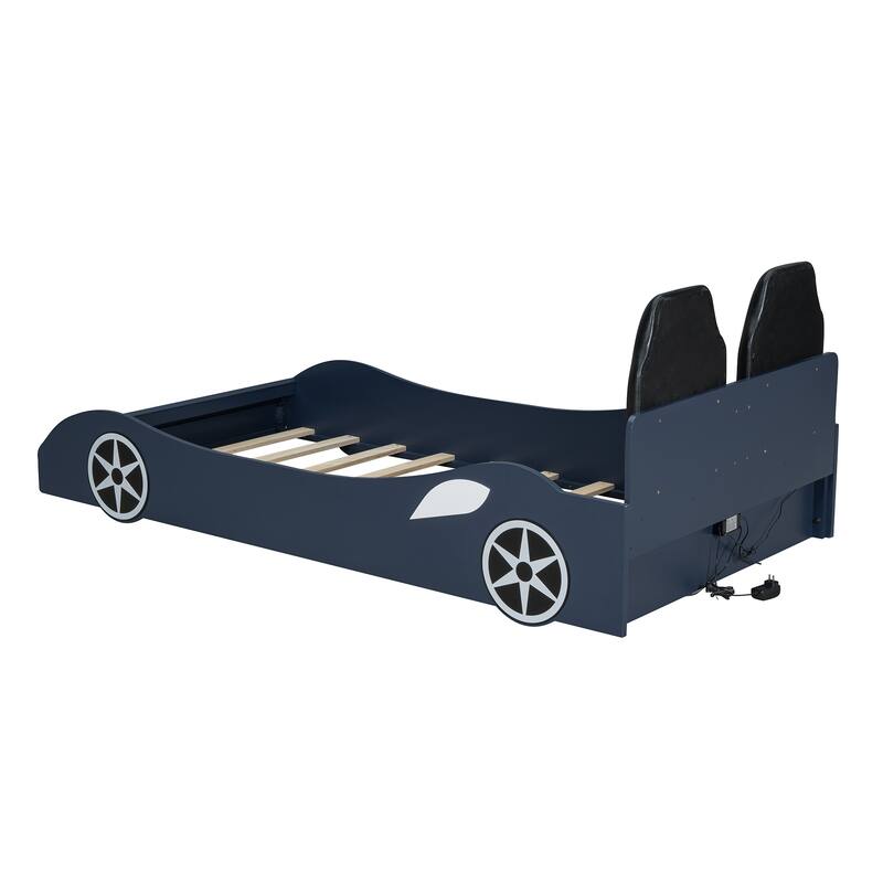 Wood Twin Size Race Car-Shaped Platform Bed With Led And Upholstered Backrest