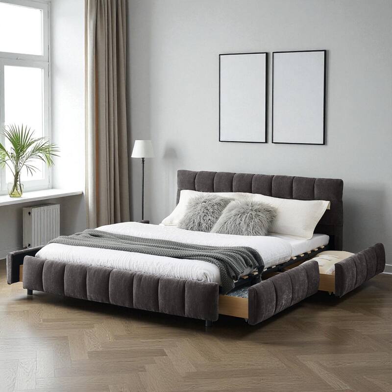 Queen Upholstered Platform Bed with Chenille Fabric, Soft Headboard & Underbed Storage Drawer, Solid Bed Frame - Dark Grey - Queen