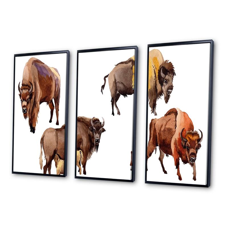 Designart "Exotic Wild Bisons" Patterned Framed Art Prints Set of 3 4