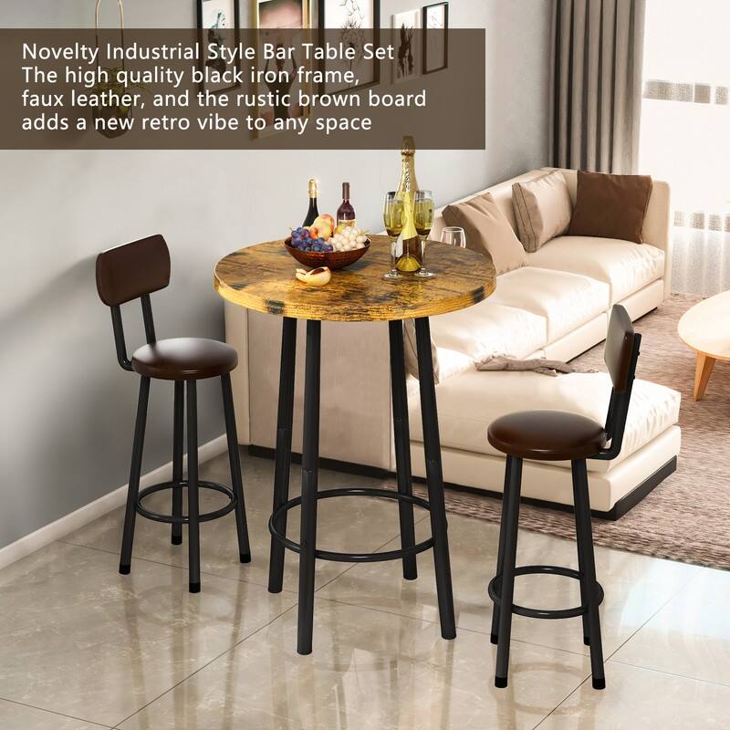 3 Piece Pub Dining Set, Kitchen Counter Height Bistro Set, Round Bar Table and 2 Stools for Living Room and Small Space