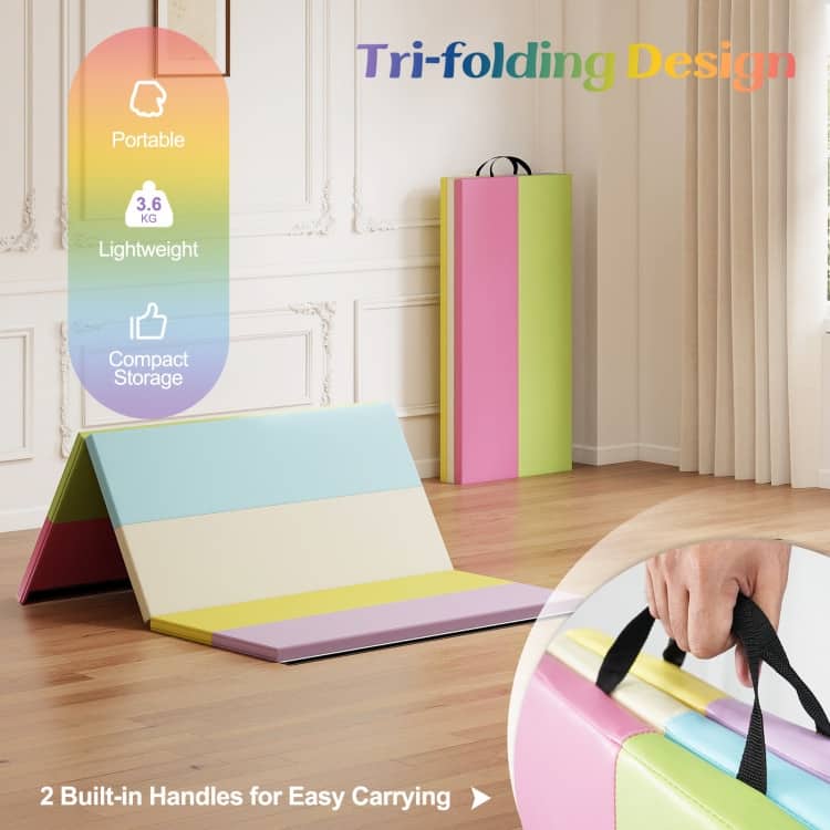 Multicolor Folding Gymnastics Mat Tri Fold Exercise Mat with Handles EPE Foam PU Leather - 71" x 47" x 1.6"