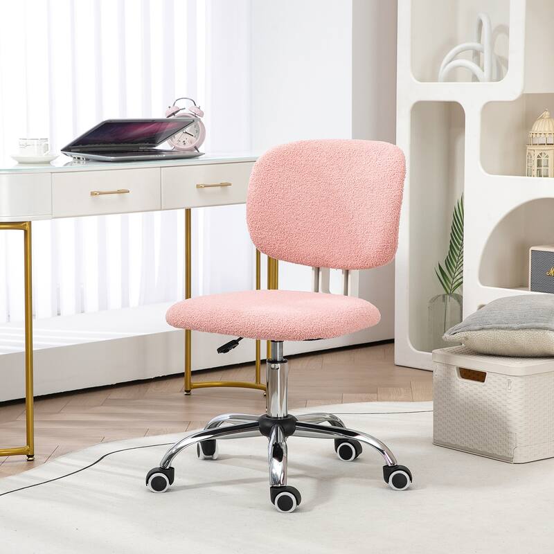 Cute Armless Office Chair with Teddy Fleece Fabric, Adjustable Height & Swivel Wheels for Home Office