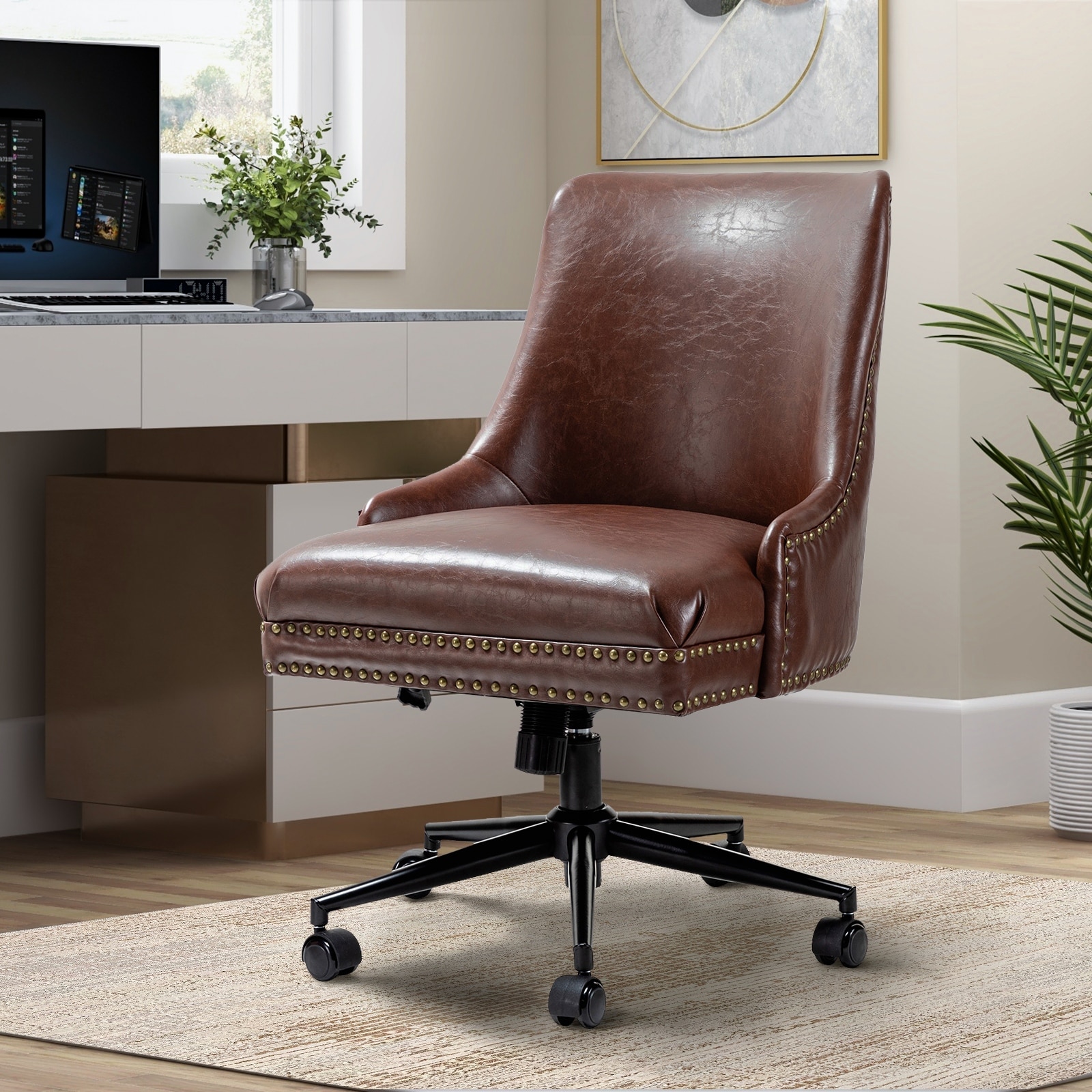 HULALA HOME Faux Leather Home Office Desk Chair, Adjustable Swivel Computer  Chair with Golden Legs and Arms, Comfy Upholstered Task Chair,Camel