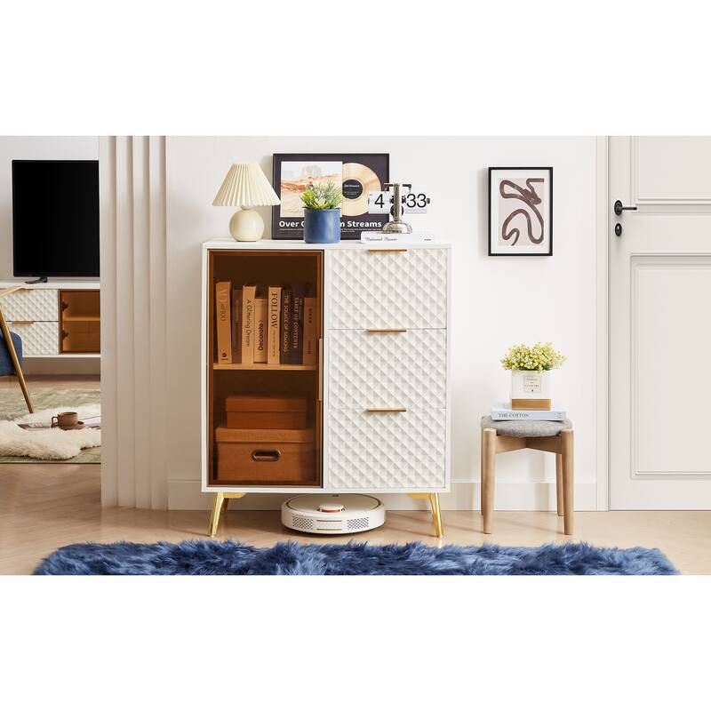 Modern Storage Cabinet withTempered Glass Door, Gold Legs ,3 Drawers and Display Shelf - White