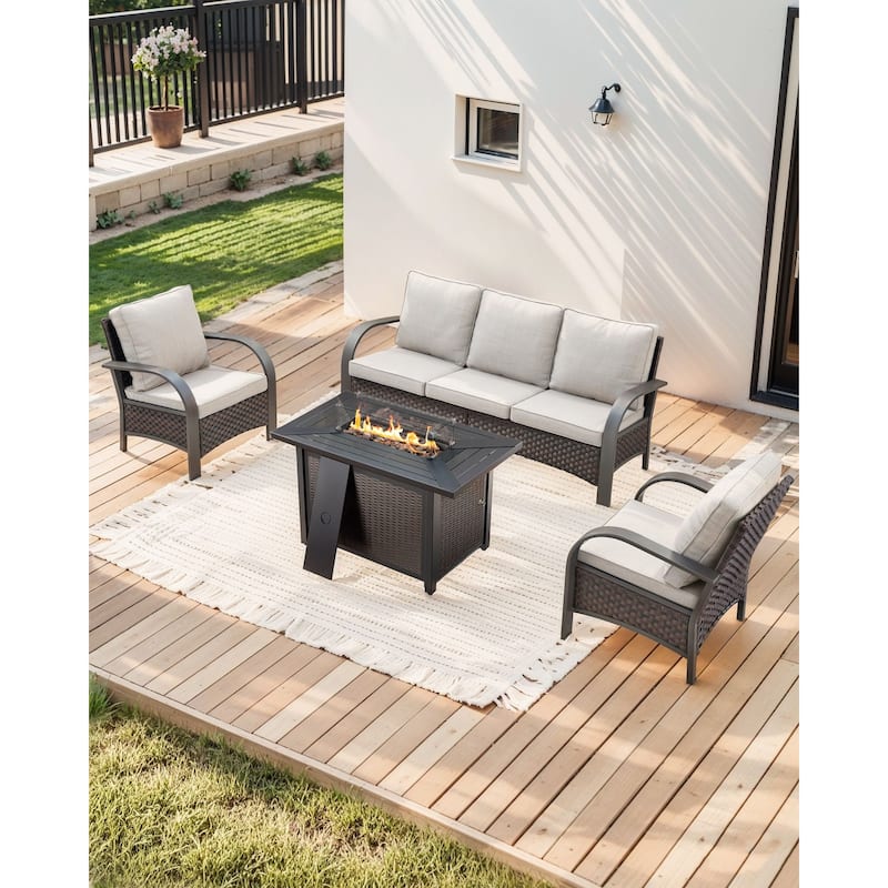 Pocassy Outdoor Patio Furniture Set - Brown Rattan - Beige Cushion - 4PCS Sofa Fire Table with Patio Chairs