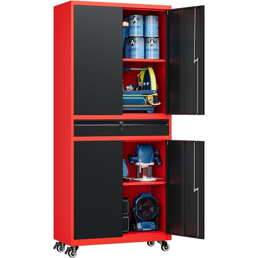 73 Inch Rolling Metal Storage Cabinet with Locking Doors, Adjustable Shelves, and 1 Drawer for Garage and Warehouse Use