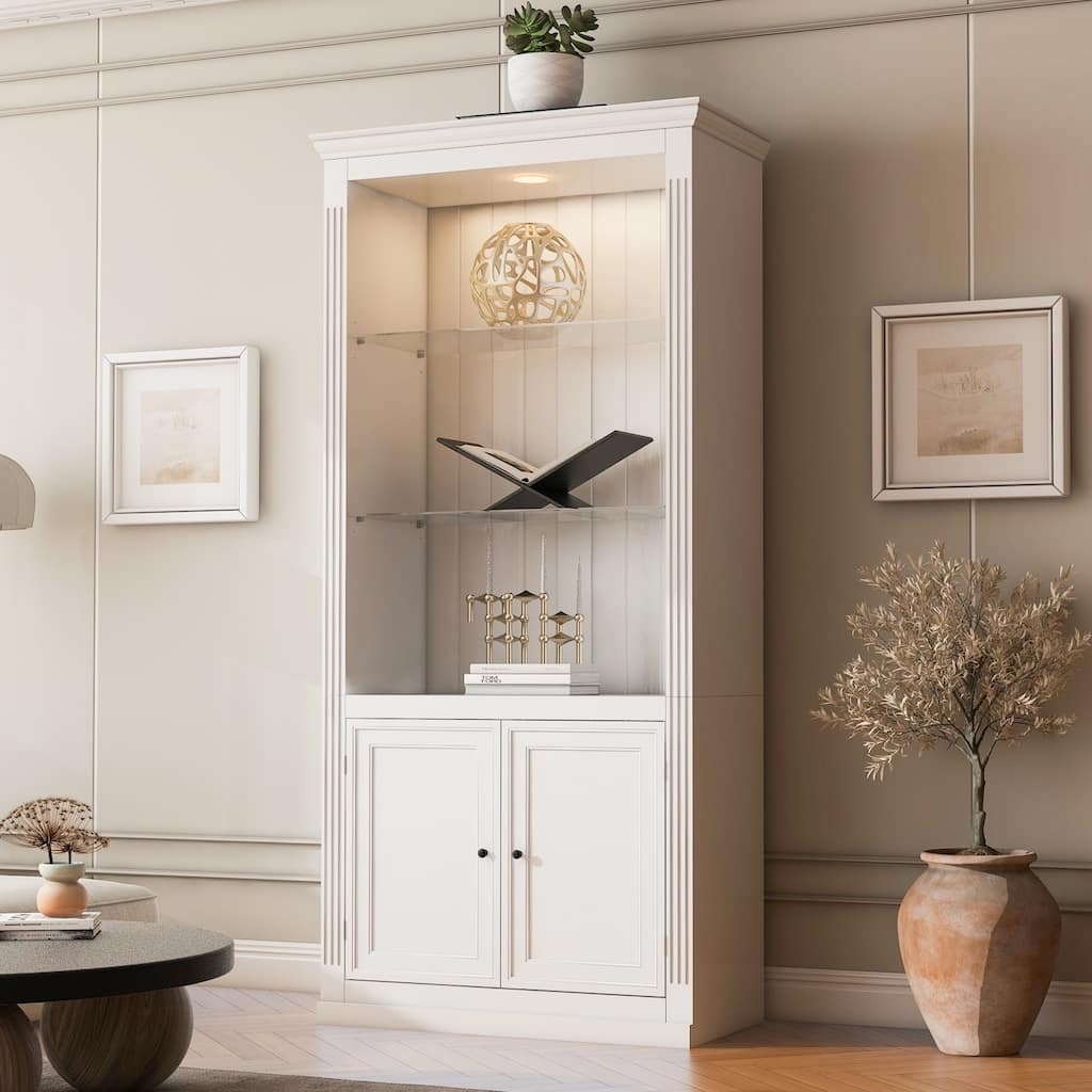 78.75'' Farmhouse Display Bookcase with LED Light and Glass Shelves
