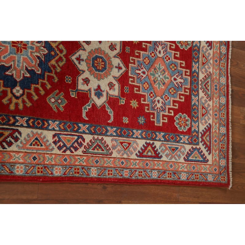 Geometric Red Kazak Oriental Runner Rug Hand-Knotted Wool Carpet - 2'7" x 9'4"