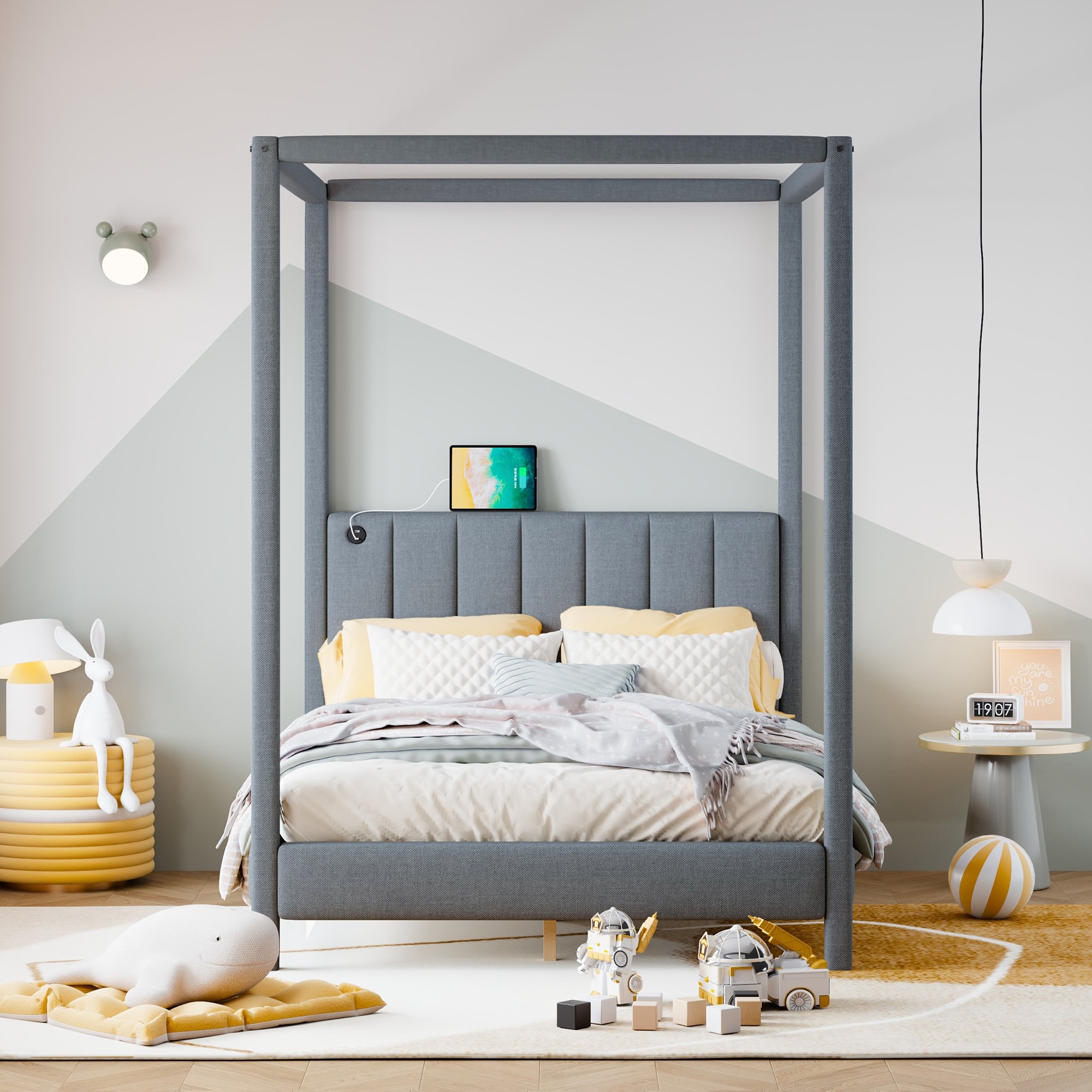 Canvas Canopy Bed Slat Support Platform Bed