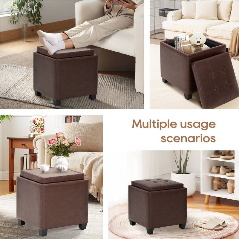 ​18" Square Storage Ottoman with Tray - 250LBS Weight Capacity, Leather Upholstered Footstool for Living Room