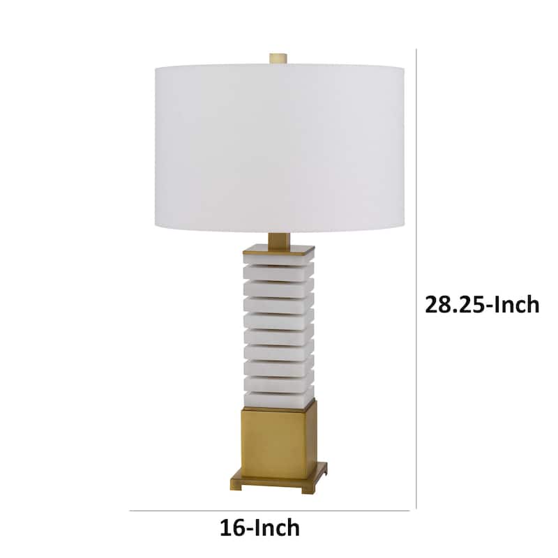 28 Inch Table Lamp, White Drum Hardback, Marble and Antique Brass Finish