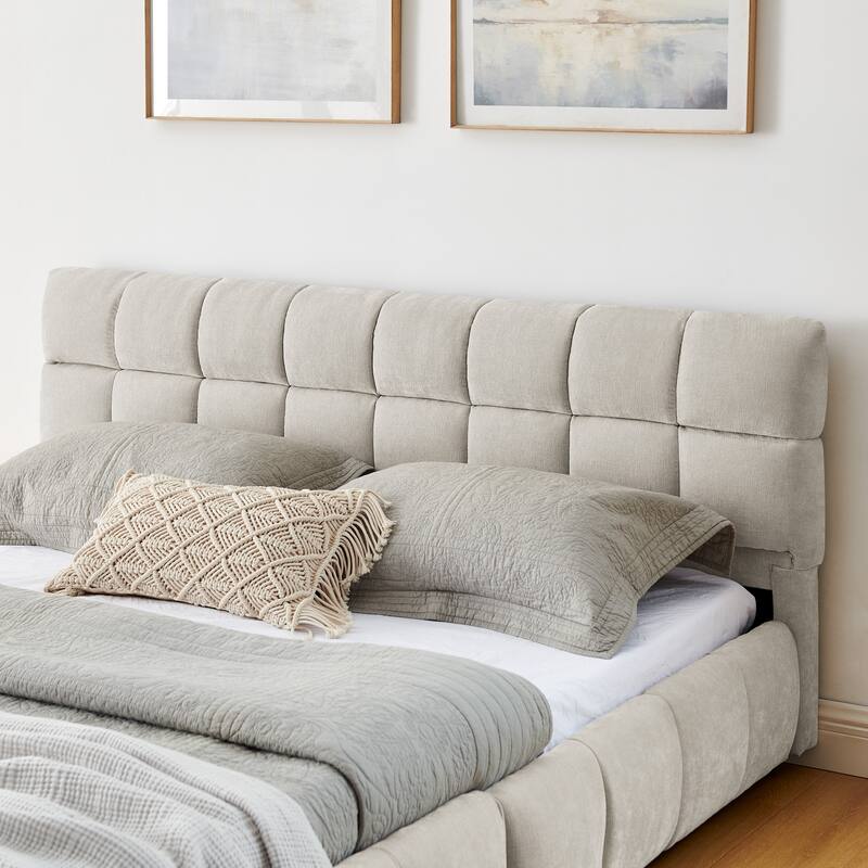 Block Thick Chenille Low Profile Platform Bed Fabric Upholstered Bedframe with Headboard Solid Wood Frame - Optional Storage Bed
