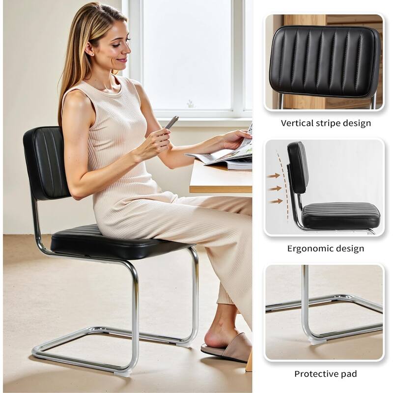 Faux Leather Mid-Century Modern Upholstered Armless dining Chairs with Metal Legs,Black,Set of 2,
