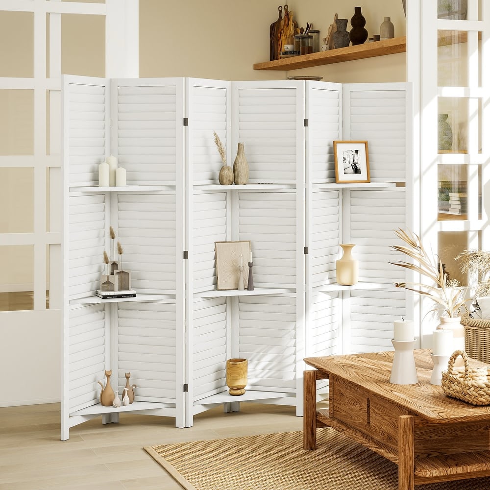 HOMCOM Room Divider, 6 Panel 67" Tall Wood Privacy Screen with 3 Display Shelves, and Folding Storage for Bedroom, Gray