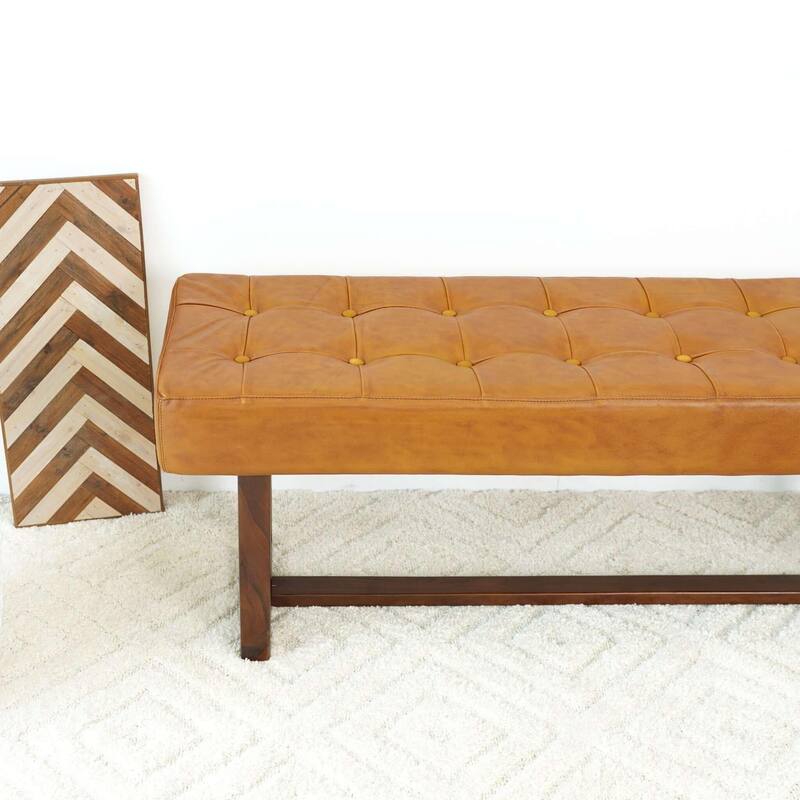 GDFStudio - Cameron Modern Mid-Century 51" Genuine Leather Bench with Solid Wood Frame for Living Room, Bedroom & Entryway