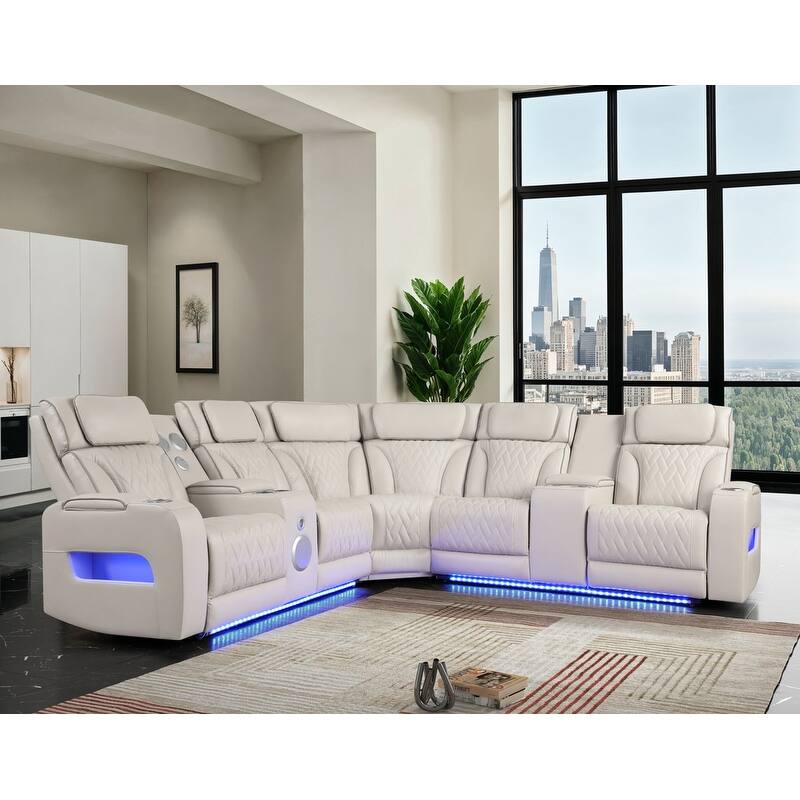 Jazz 117"W Leather Aire Power Reclining Sectional Sofa w/Power Headrest, Bluetooth Speakers, LED, USB, Storage & Cupholders