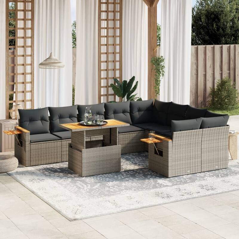 vidaXL Patio Sofa Set with Cushions Outdoor Furniture 10 Piece Poly Rattan - 21.7 x 39.4 x 28.7 in - Grey
