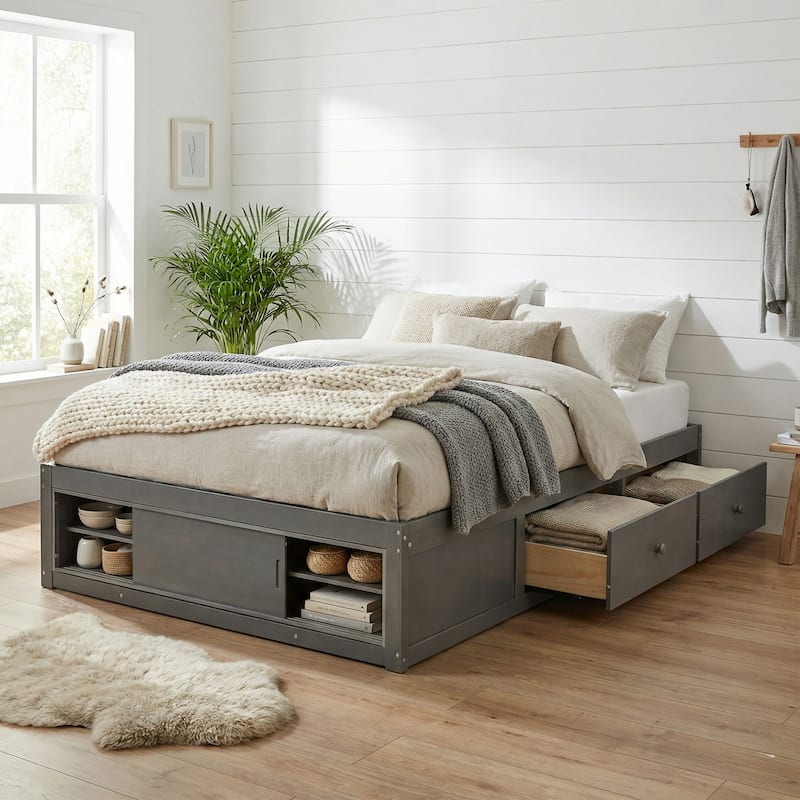 Queen Size Platform Bed Frame with 4 Storage Drawers & Footboard Cubby by Harper&Bright Designs - Antique Gray