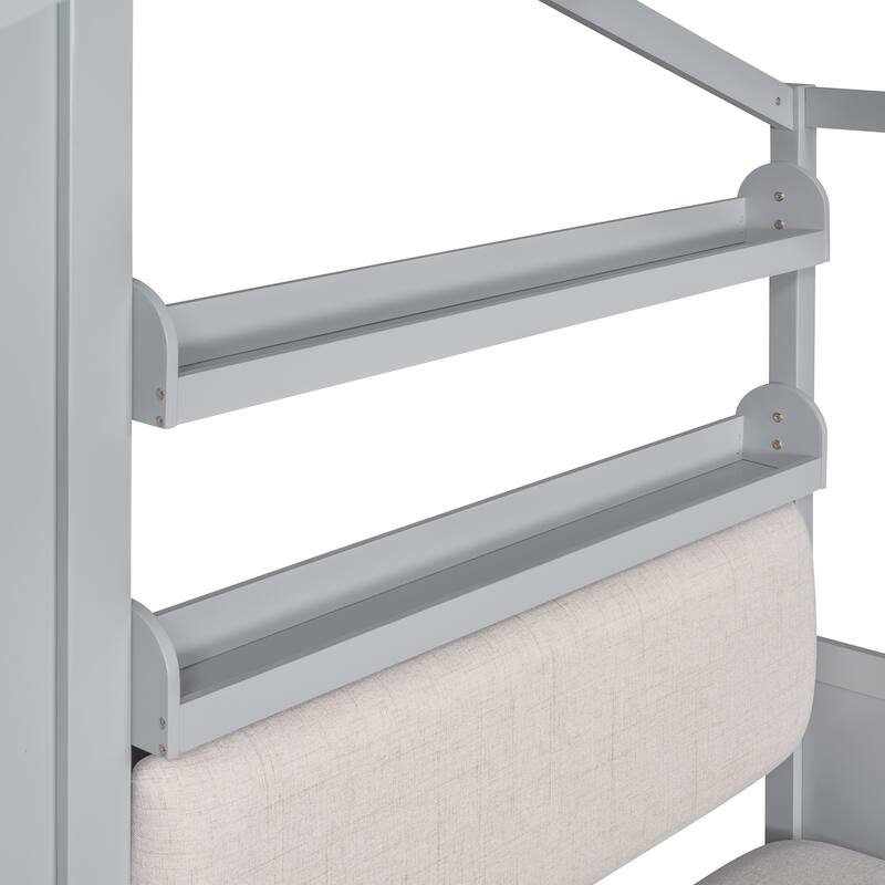 Twin Size Kids House Bed with Sofa, Platform Bed with Drawers and Storage Shelf, Gray