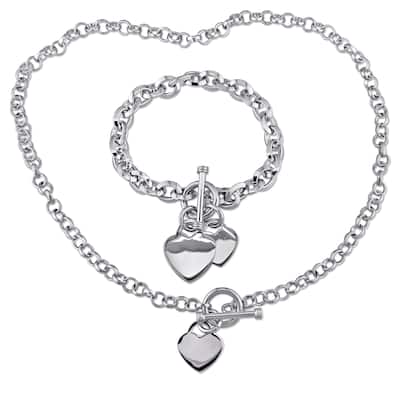 Miadora Sterling Silver Linked-Heart Charm Necklace and Bracelet 2-Piece Set - White