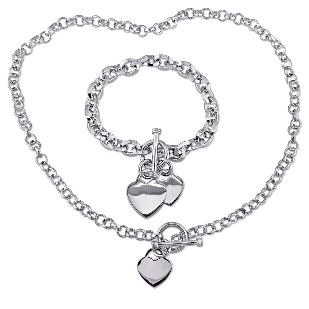 Miadora Sterling Silver Linked-Heart Charm Necklace and Bracelet 2-Piece Set - White