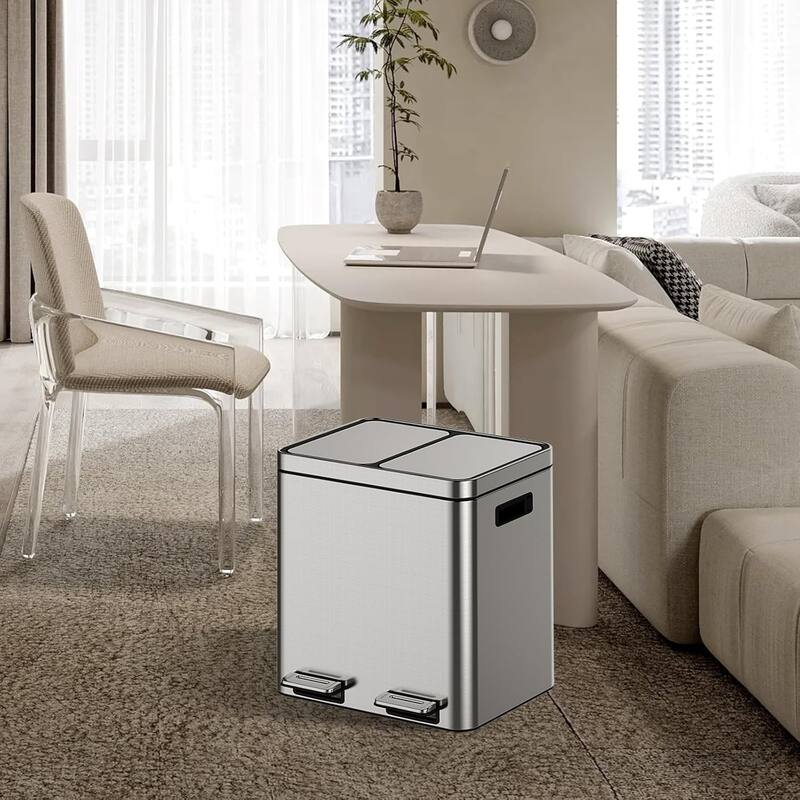 2 x 4 Gal (2 x 15L) Trash Can, Stainless Steel Dual Compartment Step-On Recycling Bin