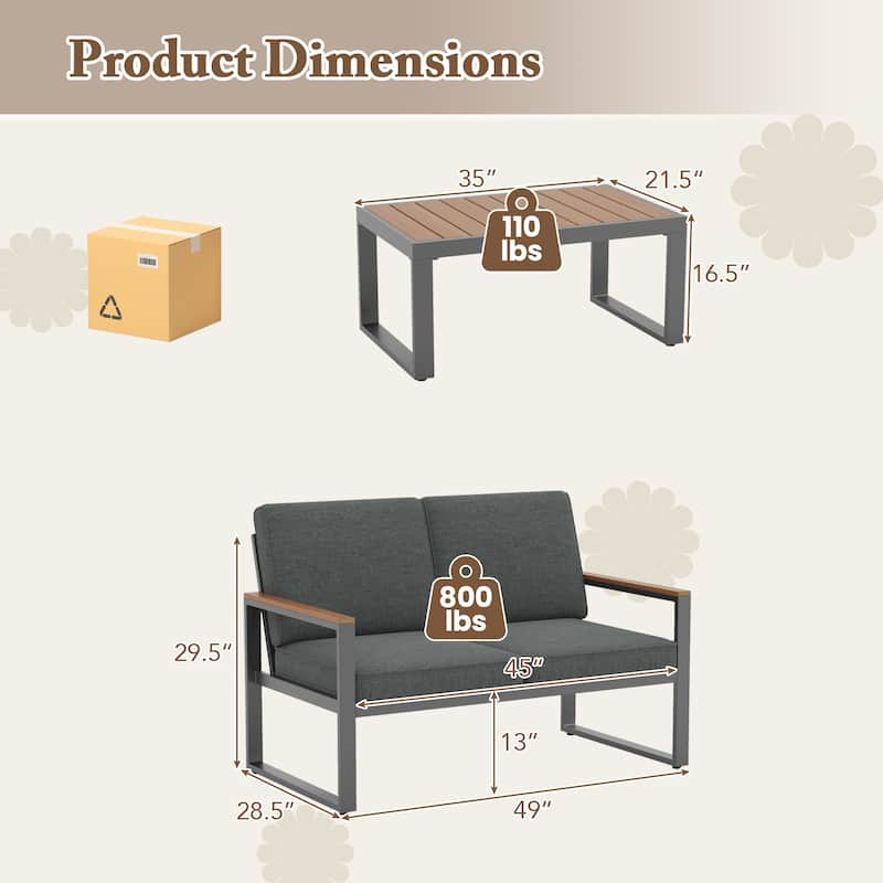 Gymax 2 PCS Patio Aluminum Furniture Set Cushioned Sectional Sofa w/