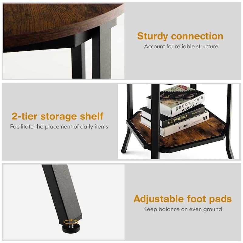 Round End Table 2 Tier Coffee Table Nightstand with Storage Shelf