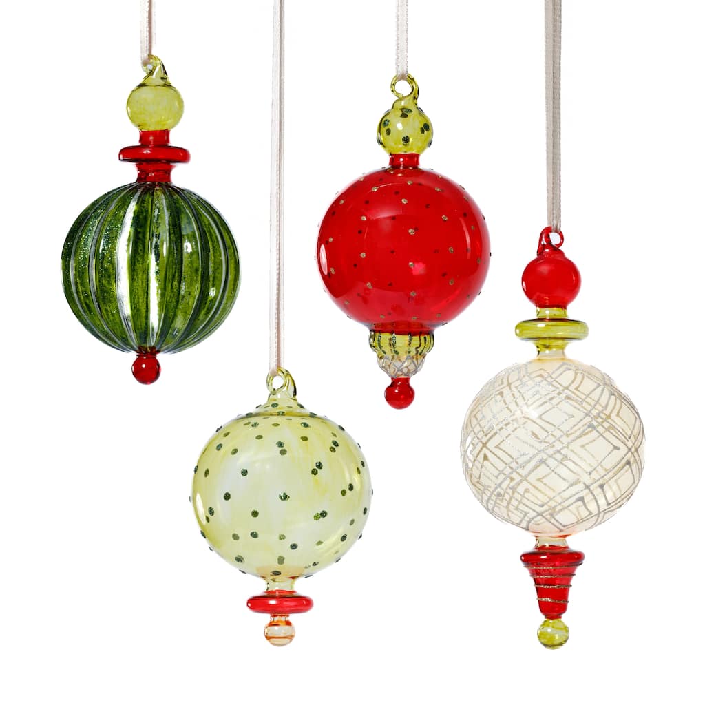 Festive Glass Holiday Hanging Ornaments, Set of 4 Assorted