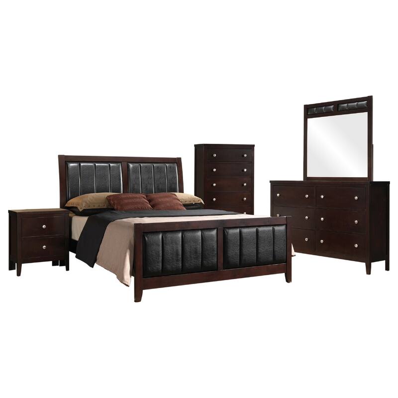 Con 5 Piece Queen Bedroom Set, Black Leather Upholstery, Dark Brown