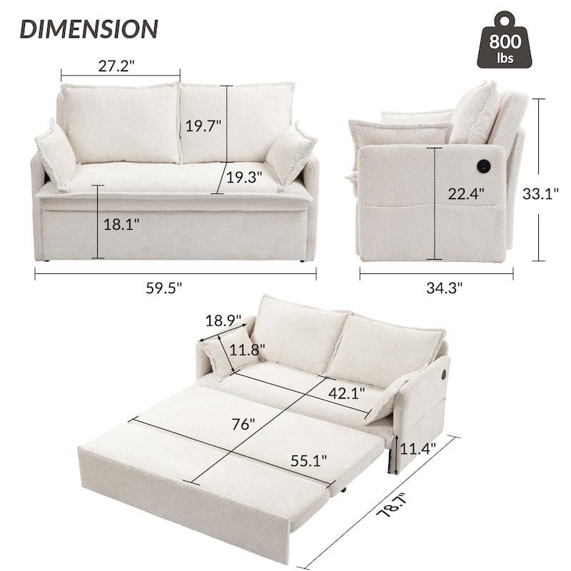59.5" Corduroy Convertible Sofa Bed with Pull-Out Sleeper, USB/C-Type Charging Ports, and Side Storage