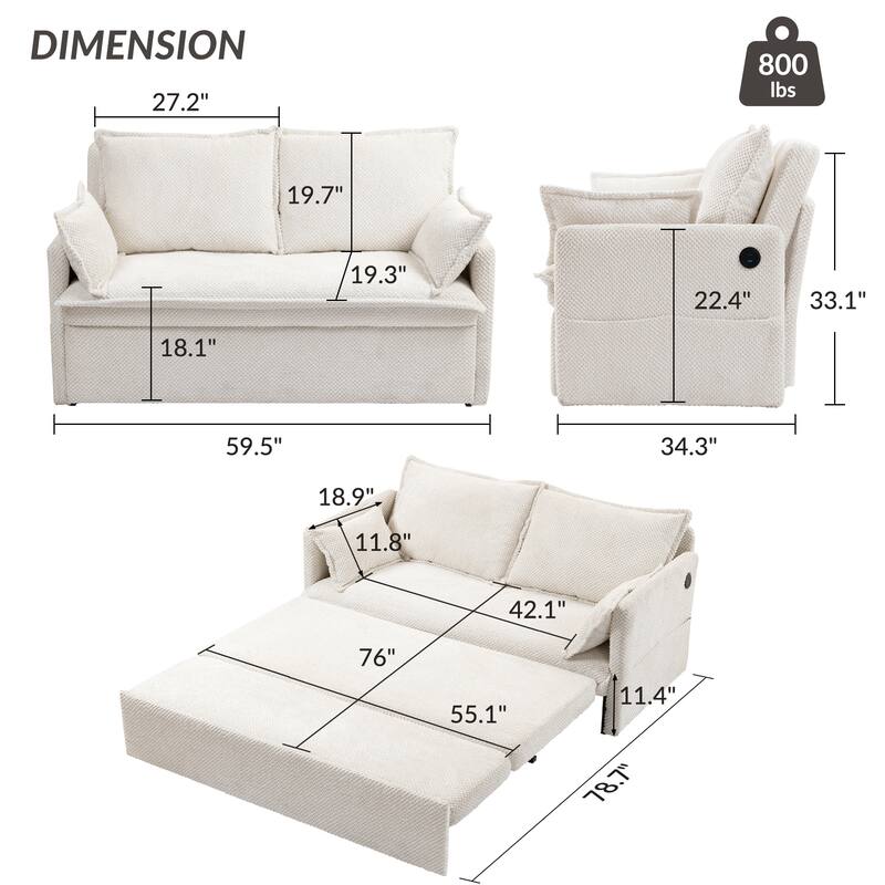 GDFStudio - Harper Lane Corduroy Convertible Sofa Bed with USB Charging & Side Storage for Cozy Apartment Living