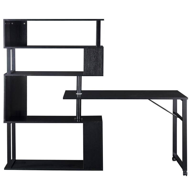 Home Office Computer Desk L-Shaped Corner Table, Rotating Office Desk with 5-Tier Bookshelf & Lockable Casters