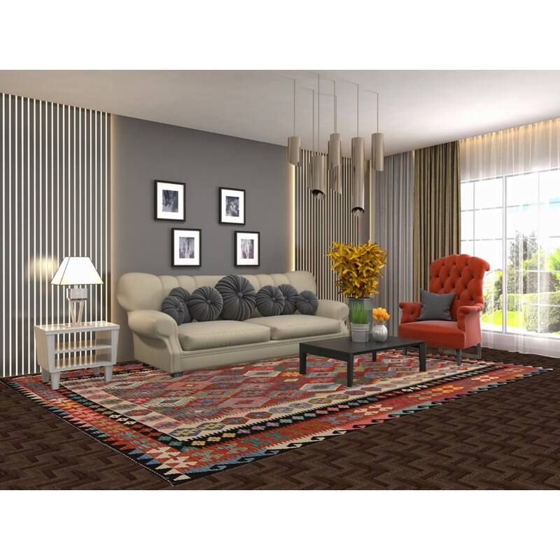 Kilim Oriental Area Rug Hand-Woven Orange Reversible Wool Carpet - 8'0"x 11'2"