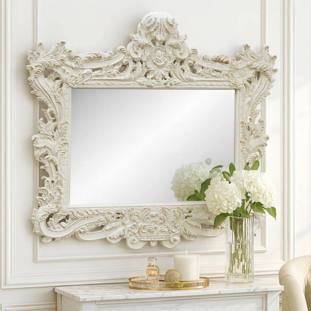 Rox 62 Inch Classic Ornate Carved Mirror, Crowned Top Frame, Wood, White