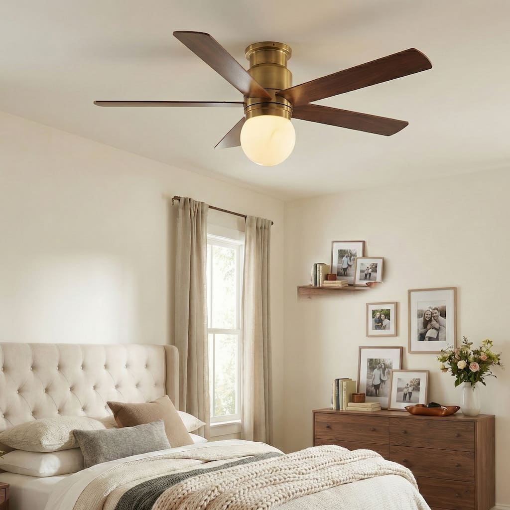 52" Modern Plating Gold Globe Glass Flush Mount Ceiling Fan with Light and Remote