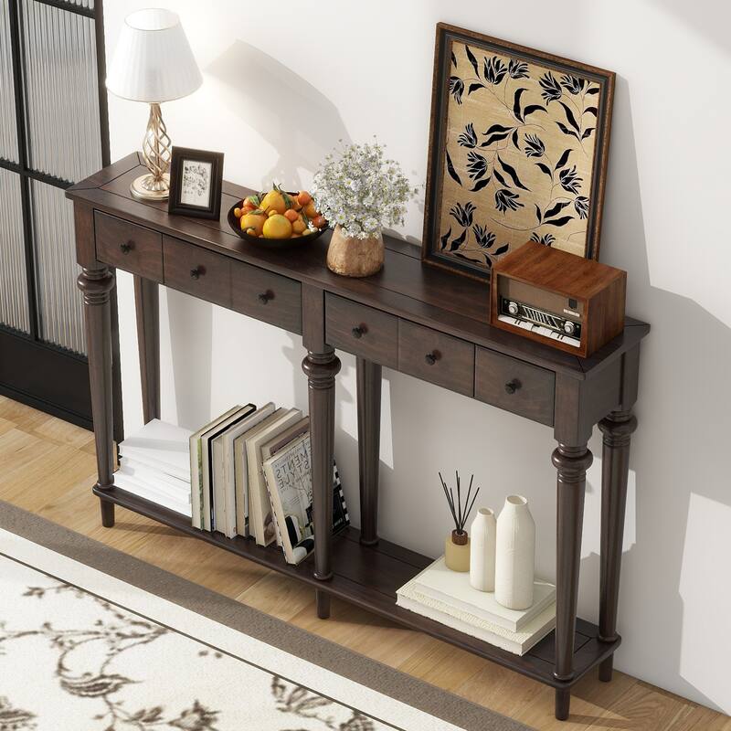 Solid Wood Entryway Table with 4 Drawers, 59.8" Retro Console Table with Open Shelf for Entryways, Living Rooms and Hallways