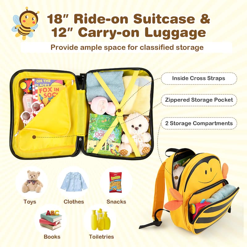 2PC Kids Ride-on Luggage Set 18'' Carry-on Suitcase & Backpack