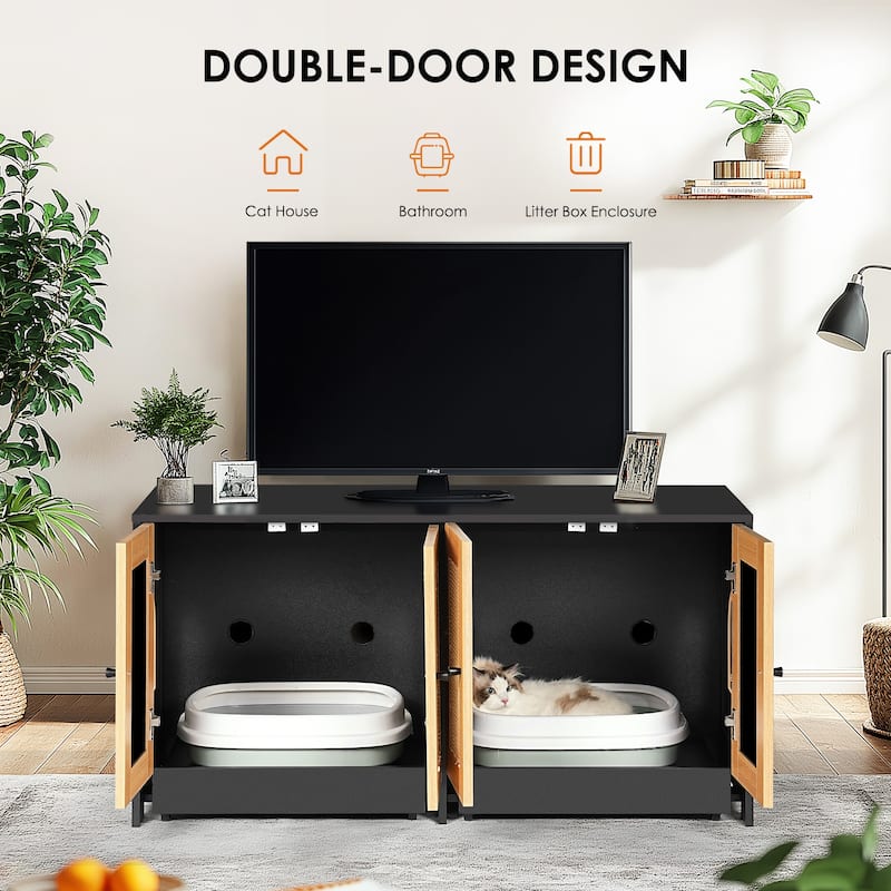 Double Litter Box Enclosure, Cat Litter Box Enclosure for 2 Cats, Hidden Litter Box Furniture with Rattan Doors