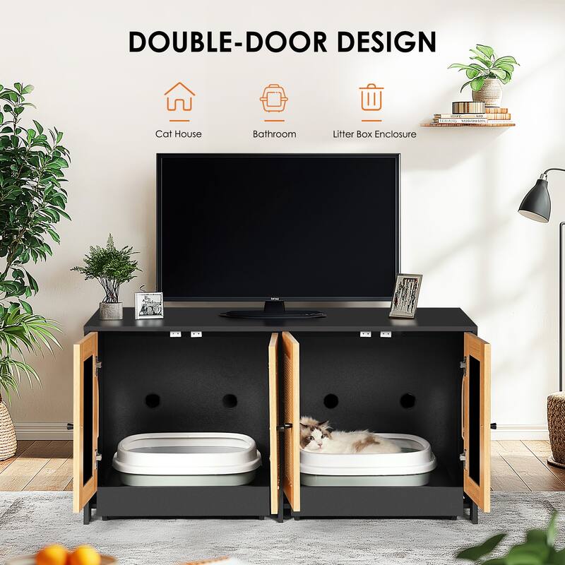 Double Litter Box Enclosure,Cat Litter Box Enclosure for 2 Cats, Hidden Litter Box Furniture with Rattan Doors