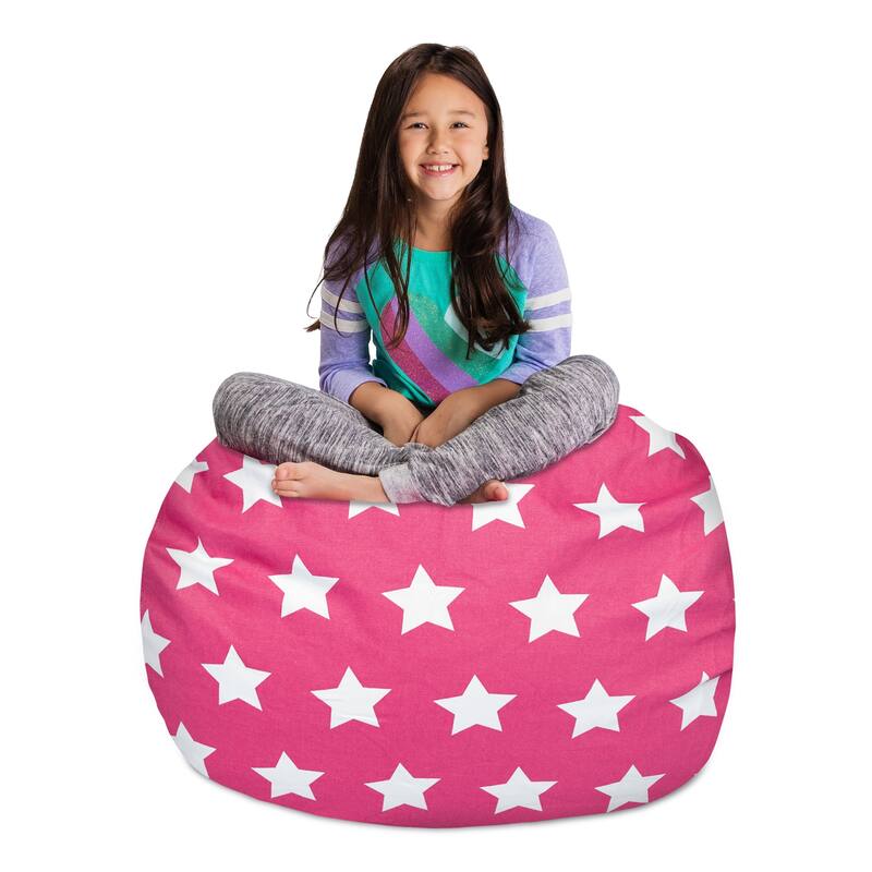 Kids Bean Bag Chair Cover Stuffed Animal Storage or Toy Organizer - 38 Inch Large - Canvas White Stars on Pink