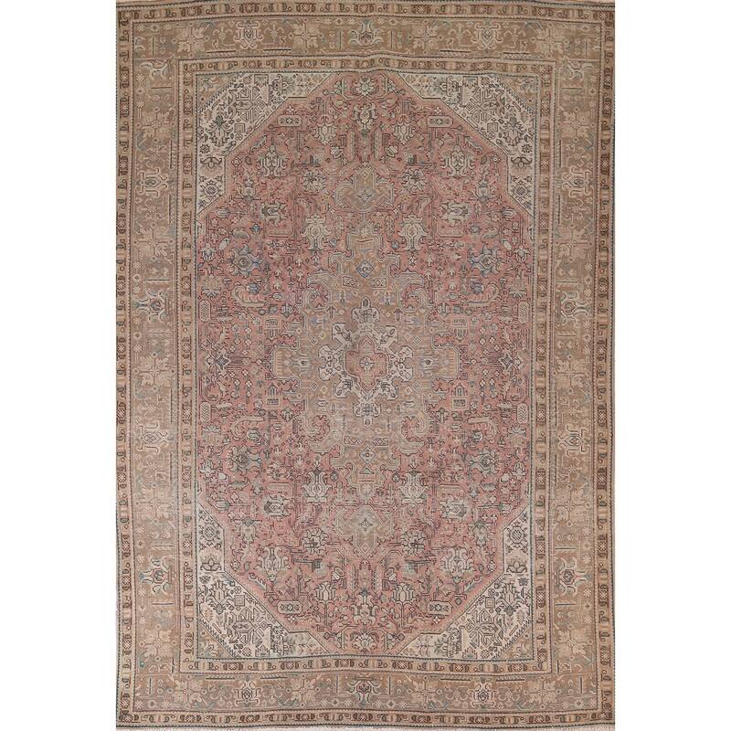 Pink Geometric Mashad Persian Vintage Area Rug Handmade Wool Carpet - 8'1"x 11'1"