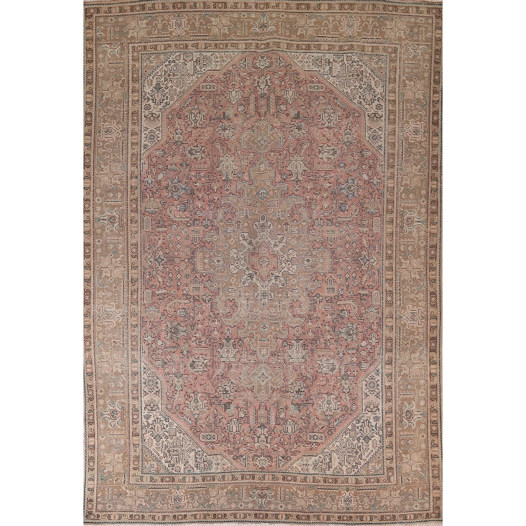 Pink Geometric Mashad Persian Vintage Area Rug Handmade Wool Carpet - 8'1"x 11'1"