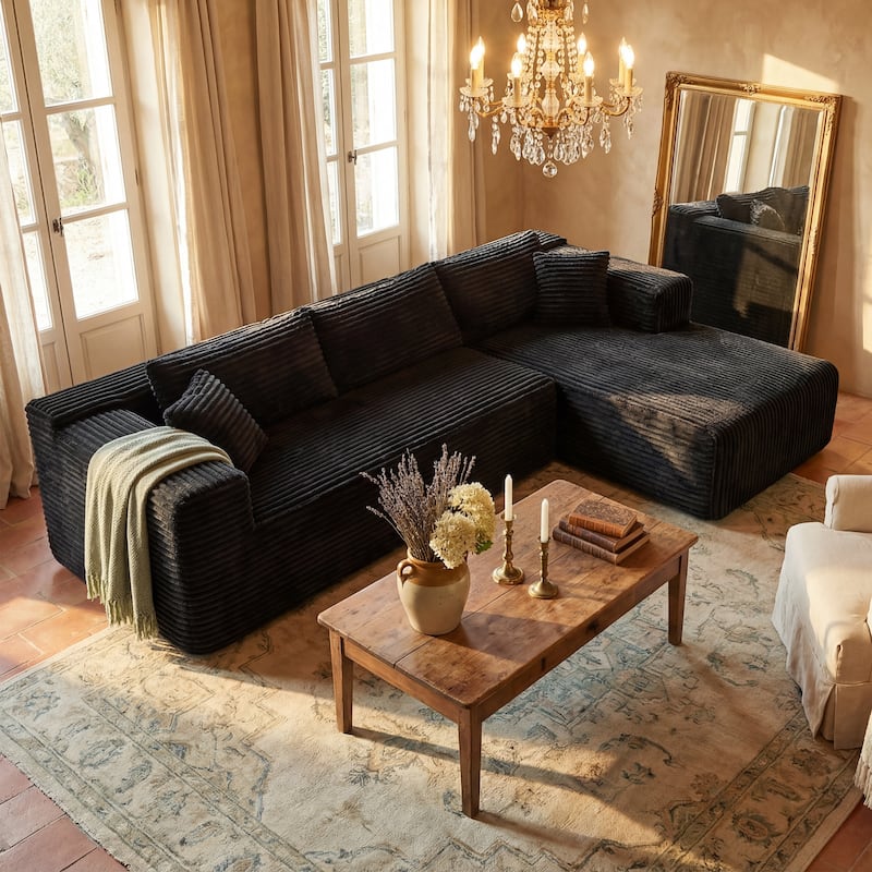 Black L-Shaped Compressed Foam Sofa – Ready-to-Use Sectional Couch with Chaise