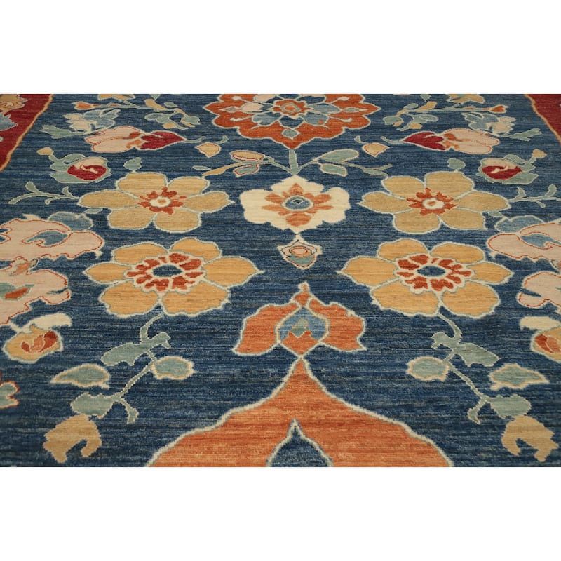 Hand Knotted Oriental 100% Wool Carpet Transitional Floral Navy Blue & Blues Oushak Area Rug - 11' 10'' X 9' 2''