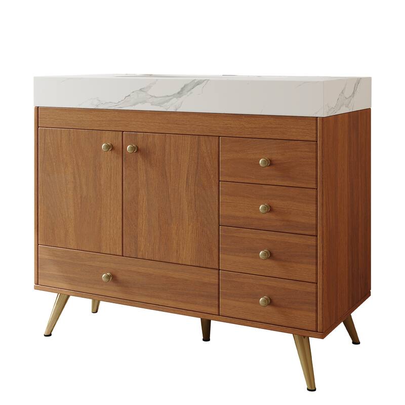 36" Freestanding Bathroom Vanity with Faux Marble Top, Ceramic Sink, 5 Drawers & Stainless Steel Legs
