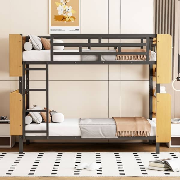 slide 2 of 18, Twin Over Twin Size Metal Bunk Bed with Ladder and Full-Length Guardrail, Storage Space, No Box Spring Needed, Black Black