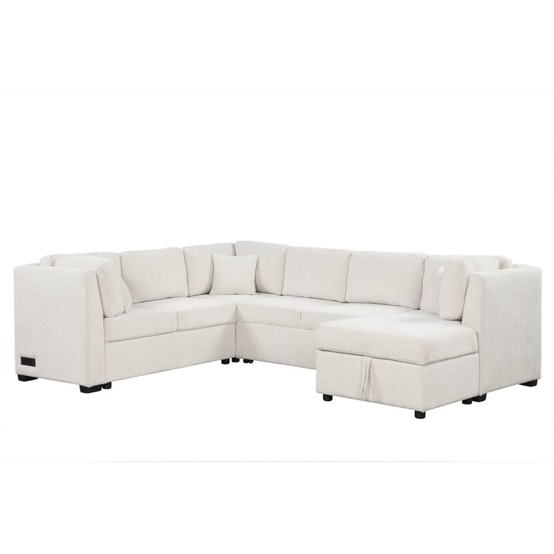 108.6" U-shaped Sofa Bed with USB, Power, Storage, Beige Chenille