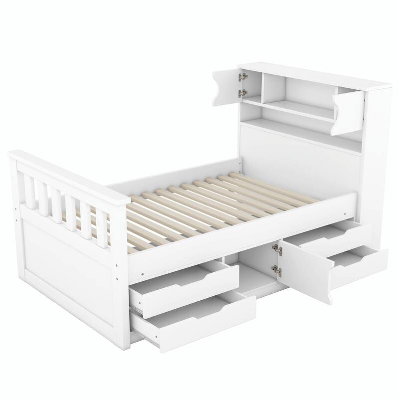 Captain Platform Bed Frame with Storage Bookcases, Shelves & Four Drawers